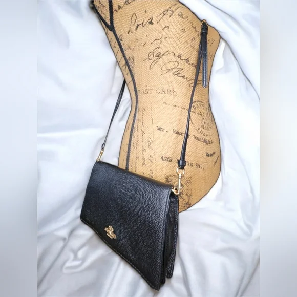 Coach Anna Foldover Leather Clutch Crossbody Bag In Black - Picture 10 of 11